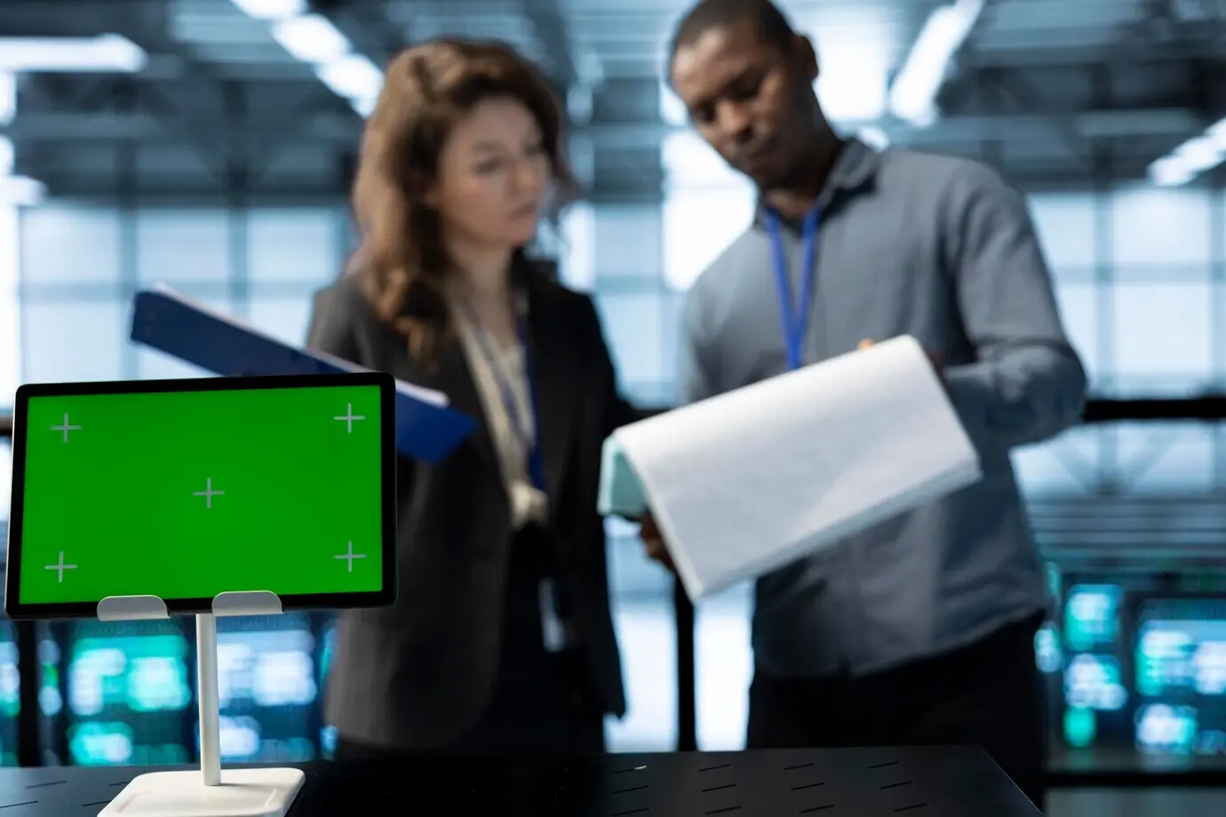 Планшет с макетом перед инспектором рядом с администратором серверной, проверяющим документы.